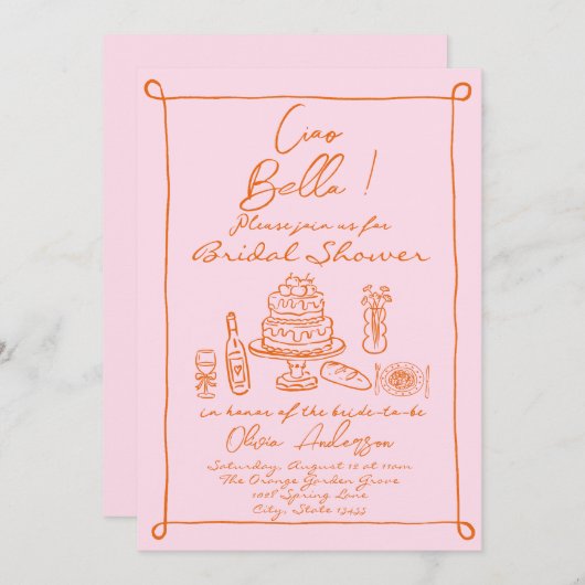 レトロオレンジピンクハンドドローイタリアンブライダルシャワー 招待状 (正面/裏面)