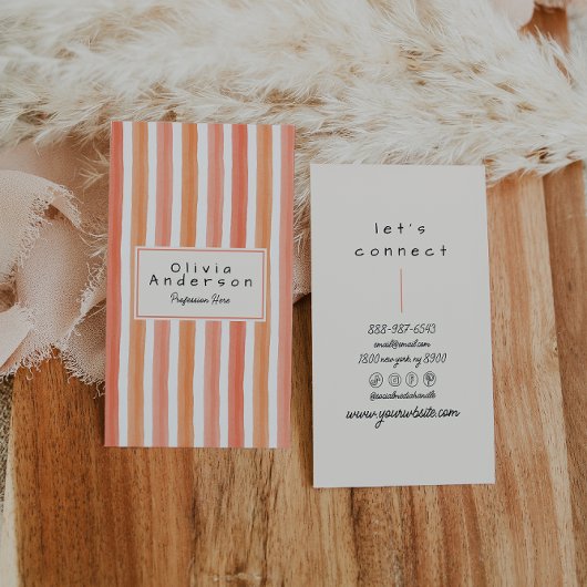 レトロオレンジピンクハンドドローストライプドジョウガーリーォー 名刺