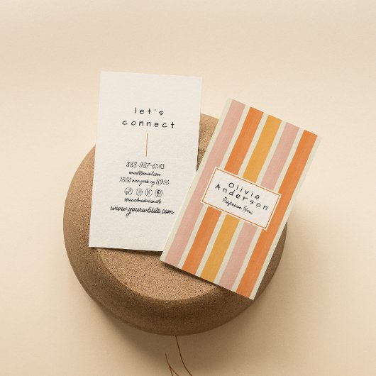 レトロオレンジピンクハンドドローストライプドトレンディーボー 名刺