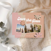 レトロオレンジピンクフォトウェディング日付を保存 案内状