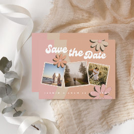 レトロオレンジピンクフォトウェディング日付を保存 案内状