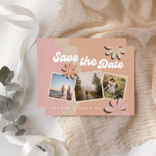 レトロオレンジピンクフォトウェディング日付を保存 案内状