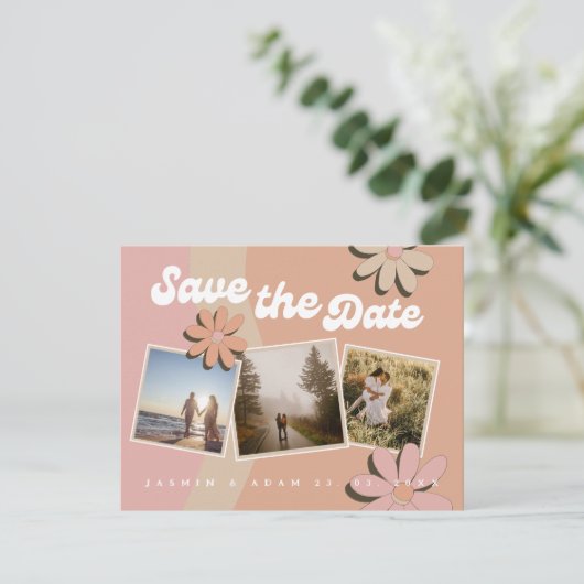 レトロオレンジピンクフォトウェディング日付を保存 案内状 (スタンド正面)