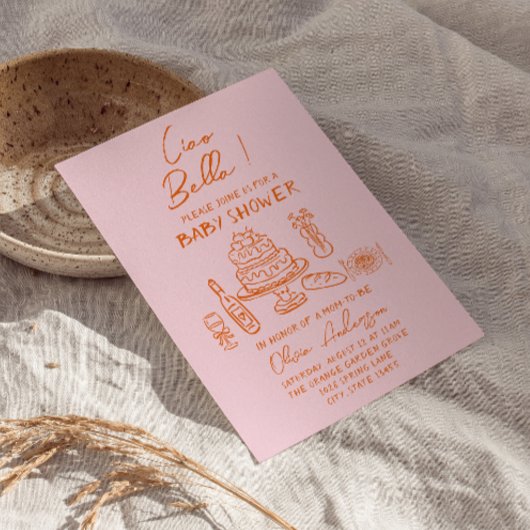 レトロオレンジピンク手描き赤イタリアンちゃんシャワー 招待状