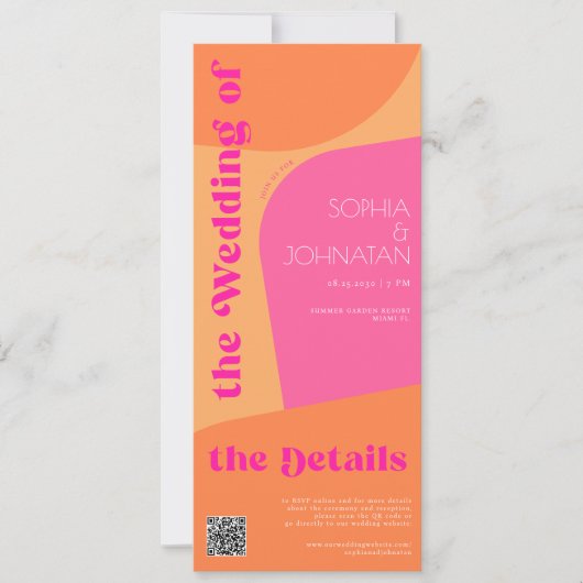 レトロオレンジピンク抽象芸術結婚式rsvp詳細 招待状 (正面)