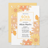 レトロオレンジピーチフローラグルーヴィー40th誕生日 招待状 (正面/裏面)