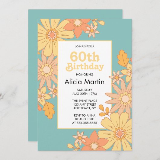 レトロオレンジピーチフローラグルーヴィー60誕生日 招待状 (正面/裏面)