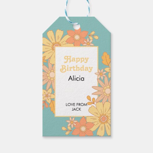 レトロオレンジピーチフローラグルーヴィ誕生日 ギフトタグ (正面)