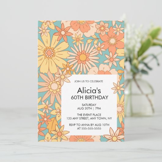 レトロオレンジピーチフローラパターン60誕生日 招待状 (スタンド正面)