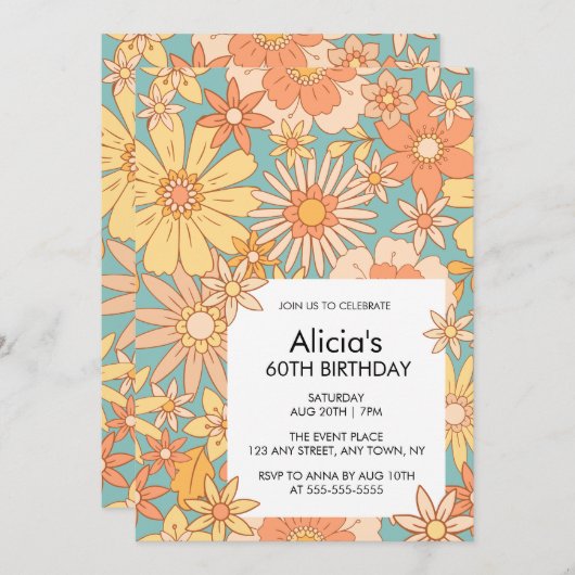 レトロオレンジピーチフローラパターン60誕生日 招待状 (正面/裏面)