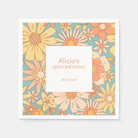 レトロオレンジピーチボタニカルグリーン60誕生日 スタンダードカクテルナプキン (正面)