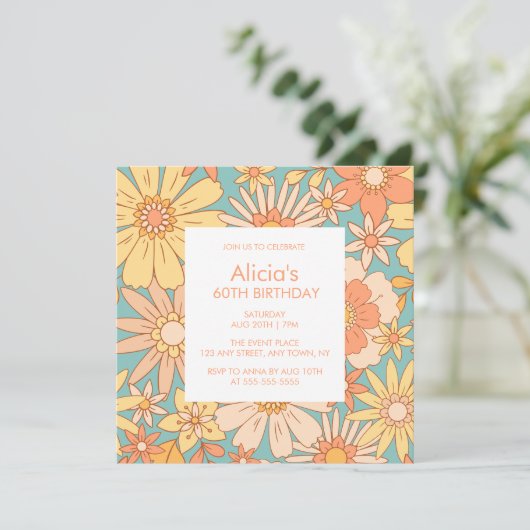レトロオレンジピーチボタニカルグリーン60誕生日 招待状 (スタンド正面)