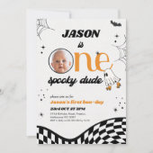 レトロオレンジブラックワン不気味ダード1歳の誕生日 招待状 (正面)