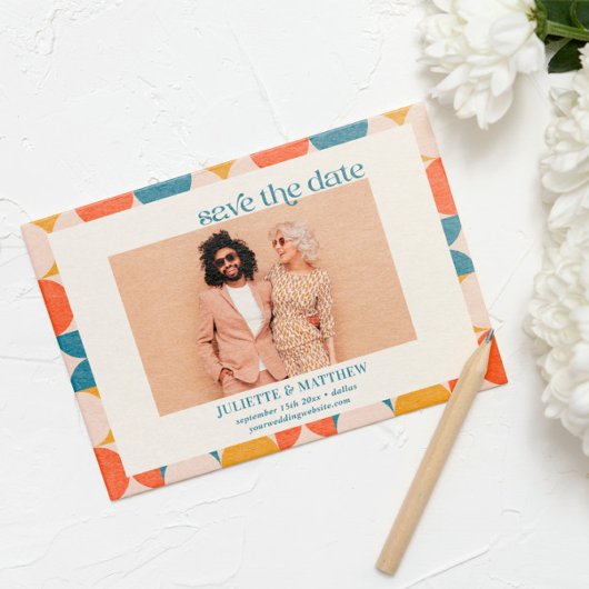 レトロオレンジブルーミッドセンチュリーモダン写真 案内状