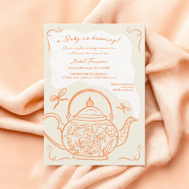 レトロオレンジボウティーポットベビーはシャワーを醸造している 招待状