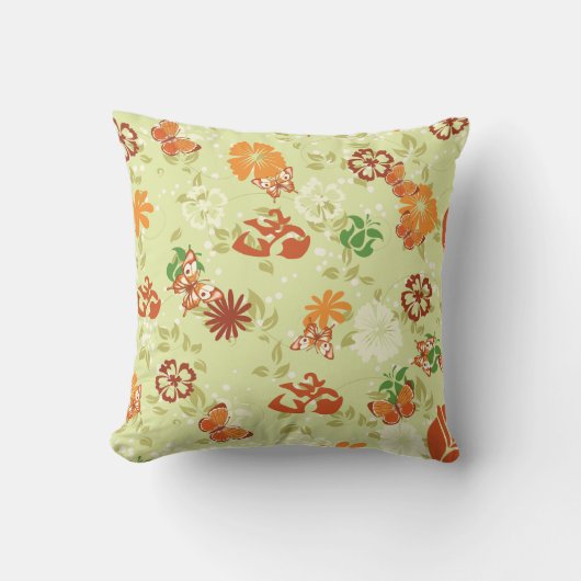レトロオレンジレッド蝶フラワーズ装飾用クッション クッション (正面)