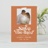 レトロオレンジ写真 セーブ・ザ・デート アナウンスメント 招待状 (スタンド正面)