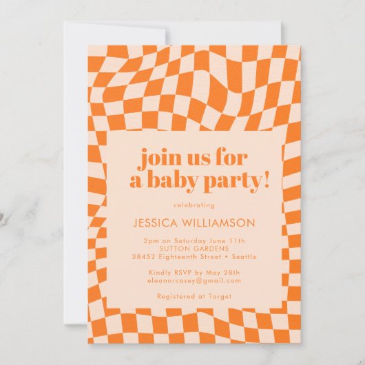 レトロオレンジ抽象幾何学チェックベイビー 招待状 (正面)