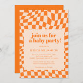レトロオレンジ抽象幾何学チェックベイビー 招待状 (正面/裏面)