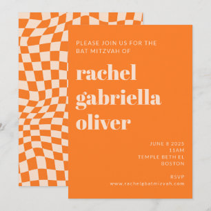 レトロオレンジ抽象芸術チェッカーボードバルミツワー 招待状