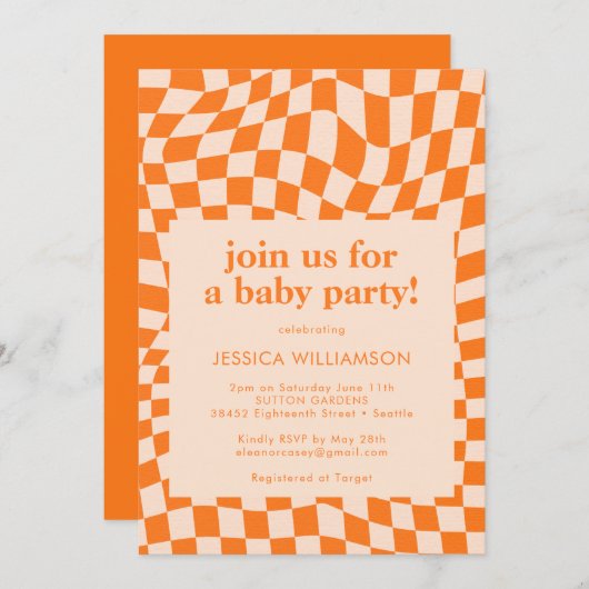 レトロオレンジ抽象芸術チェッカーボードベビーシャワー 招待状 (正面/裏面)