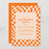 レトロオレンジ抽象芸術チェッカーボード卒業 招待状 (正面/裏面)