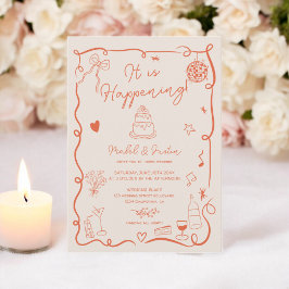 レトロオレンジ色の手図解入りの、写真付きの描き結婚写真 招待状