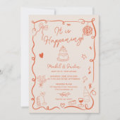 レトロオレンジ色の手図解入りの、写真付きの描き結婚写真 招待状 (正面)