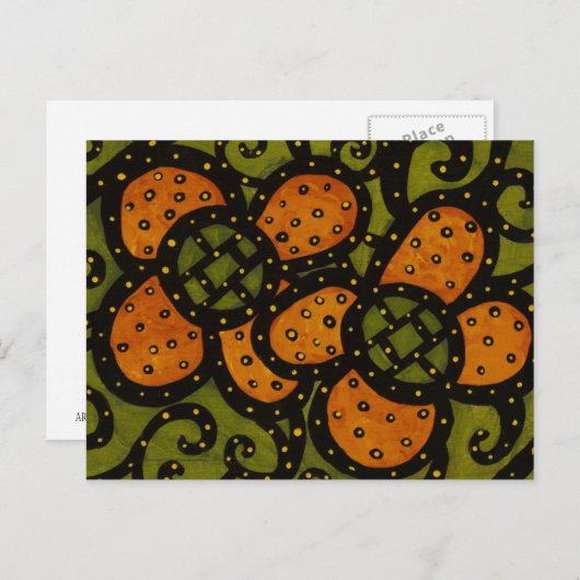 レトロオレンジ色の花が緑のアートポストカード ポストカード (正面/裏面)