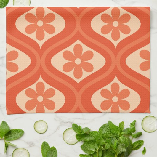 レトロオレンジ色の花の模様オンヴィンテージオギー キッチンタオル (折り畳み)