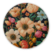 レトロオレンジ色の花ティール(緑がかった色)チューリップデイジー写真 セラミックノブ (正面)