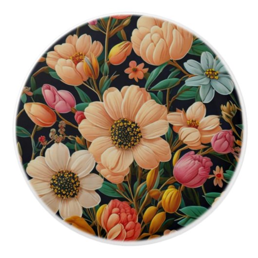 レトロオレンジ色の花ティール(緑がかった色)チューリップデイジー写真 セラミックノブ (正面)