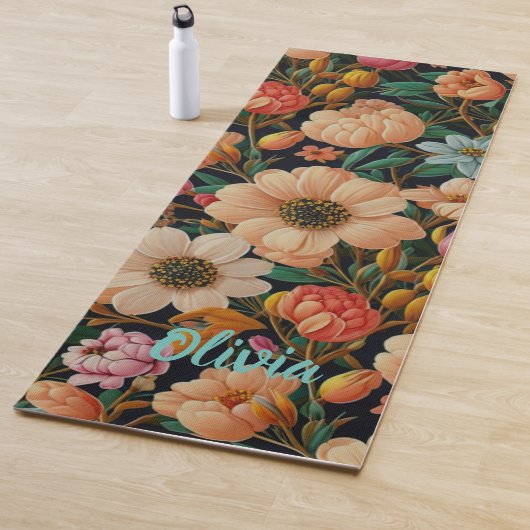 レトロオレンジ色の花ティール(緑がかった色)チューリップデイジー写真 ヨガマット (インサイチュ)