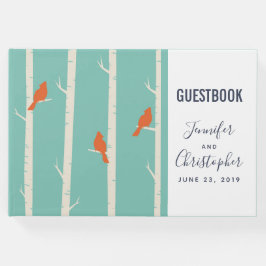 レトロオレンジ色の鳥が樺の木に座るイラスト ゲストブック