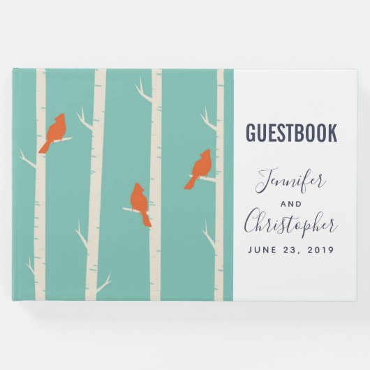 レトロオレンジ色の鳥が樺の木に座るイラスト ゲストブック (正面)