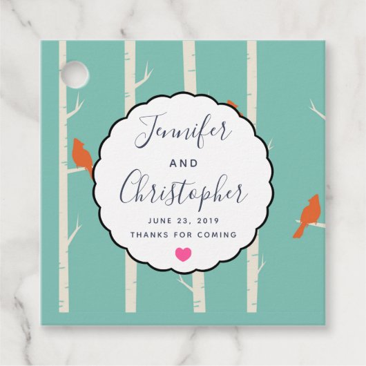 レトロオレンジ色の鳥が樺の木に座る結婚式のお礼 フェイバータグ (正面)