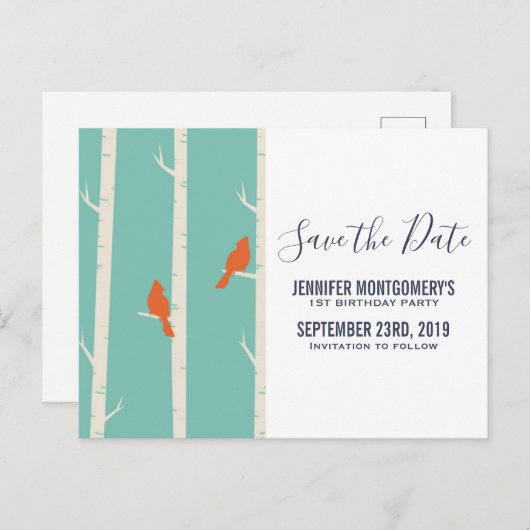 レトロオレンジ色の鳥樺の木の木の日付を保存 ポストカード (正面/裏面)