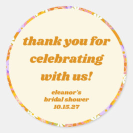レトロオレンジ花柄オーダーメイド ブライダルシャワーのお礼 ラウンドシール