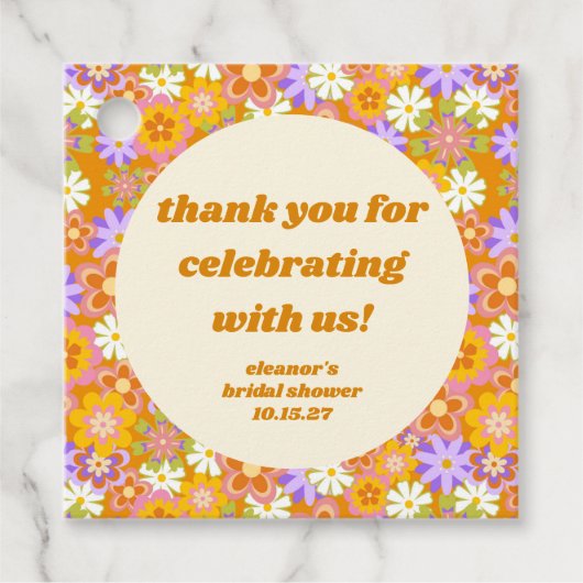 レトロオレンジ花柄オーダーメイド ブライダルシャワー 感謝カード フェイバータグ (正面)