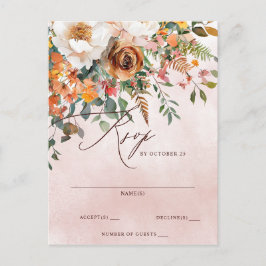 レトロオレンジ花柄 秋の結婚式 RSVP ポストカード