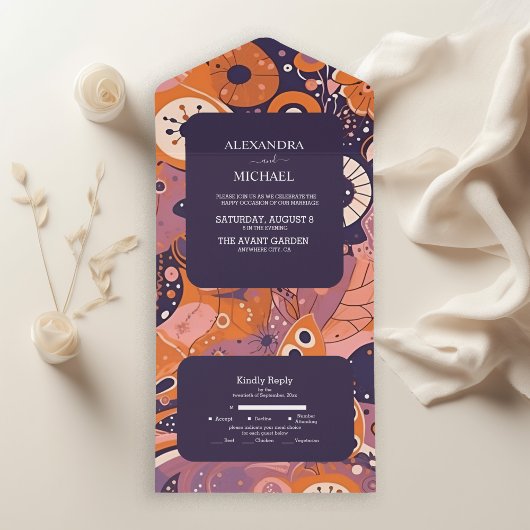 レトロオレンジ赤面ピンクパープルグルーヴィ結婚ズ オールインワン招待状