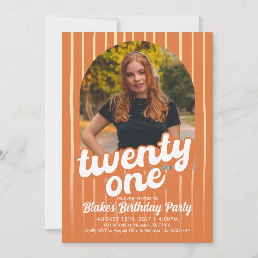 レトロオレンジ21歳の誕生日招待状 招待状 (正面)