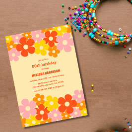 レトロオレンジ カラフル ボヘミアンフラワー 50歳の誕生日 招待状