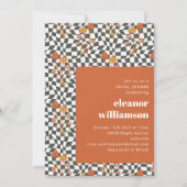 レトロオレンジ チェック柄 キノコ ブライダルシャワー 招待状 (正面)