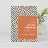 レトロオレンジ チェック柄 キノコ ブライダルシャワー 招待状 (スタンド正面)