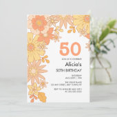 レトロオレンジ ピンクの花 グルーヴィー 50歳の誕生日 招待状 (スタンド正面)