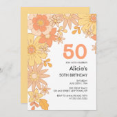 レトロオレンジ ピンクの花 グルーヴィー 50歳の誕生日 招待状 (正面/裏面)