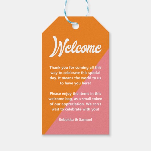 レトロオレンジ ピンク ウェルカム ギフトバスケット バッグ ウェディング ギフトタグ (正面)