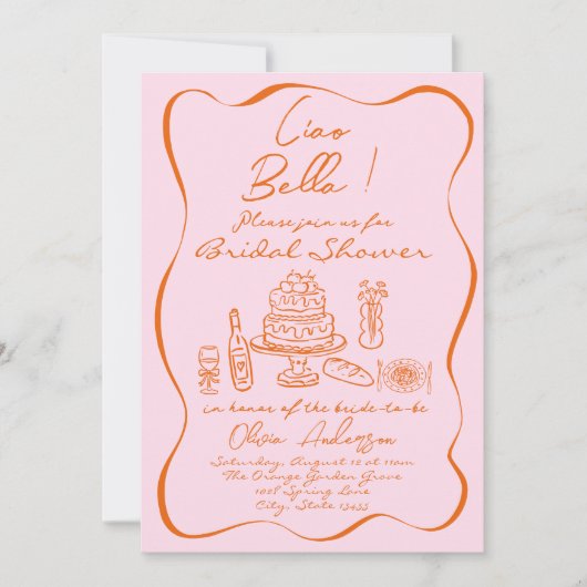 レトロオレンジ ピンク 手描き イタリアン ブライダル シャワー 招待状 (正面)