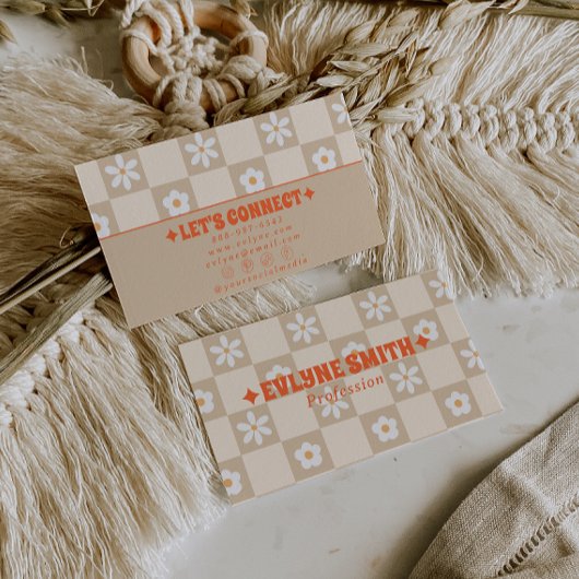 レトロオレンジ ベージュ チェック柄 グルーヴィー フラワーボヘミアン 名刺